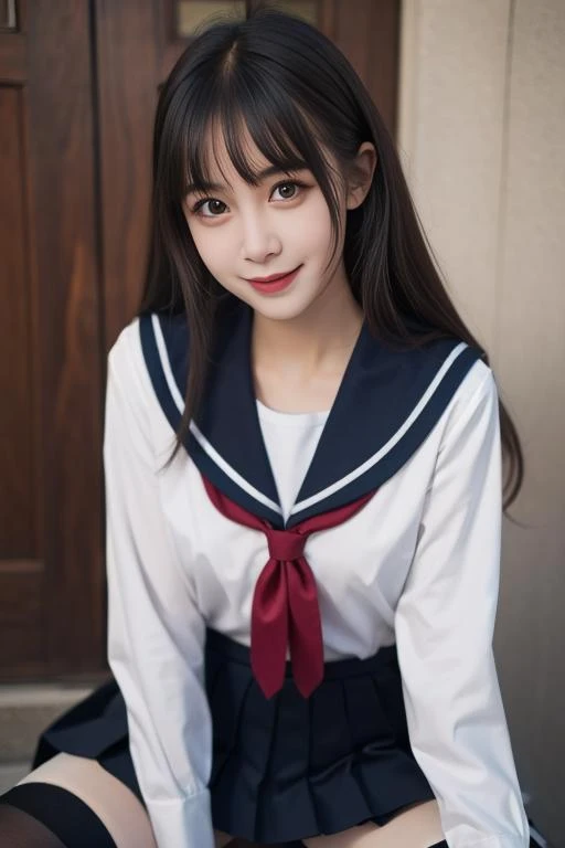 ltra-detailed,highly detailed,best quality,masterpiece,illustration,realistic,photorealistic, 
koudai, 1girl, solo, smile, 
school uniform, serafuku, sailor collar, pleated skirt, thighhighs, 
long hair, brown hair, bangs, 
looking at viewer, 
sitting, spread legs,
<lora:koudai_v1_03:0.7>