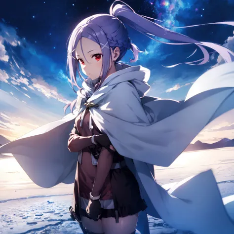 mitosao, 1girl, long hair, solo, ponytail,braid, red eyes, hood, x hair ornament, cloak, purple hair, cape
, Expansive salt flats, mirror-like reflections, otherworldly landscapes, unique flora and fauna, endless horizons,BREAK Lightweight clothes,