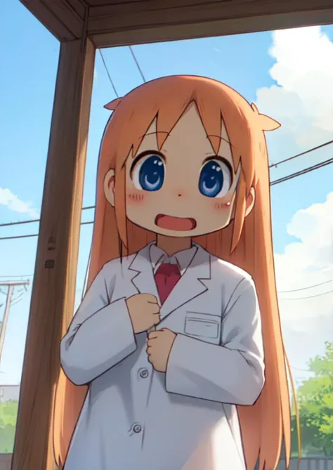 (masterpiece, best quality:1.2), extremely detailed, soft ambient lighting, sharp focus, 4K, BREAK <lora:nichijou4-768:1>, ncjstyle, 1girl, solo, shinonome hakase, orange hair, very long hair, blue eyes, lab coat, happy, open mouth, BREAK sky, cloud, day, outdoors, power lines, blush, blue sky,