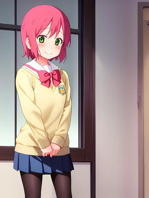 <lora:SakuraVRC:0.5>, SakuraVRC, masterpiece, 1girl, solo, blush, red hair, short hair, green eyes, closed mouth, smile, sweater, school uniform, pleated skirt, bowtie, standing, (pantyhose), school, indoors, window, (ncjstyle:1.3), <lora:nichijouStyleLora_v10768px:0.7>