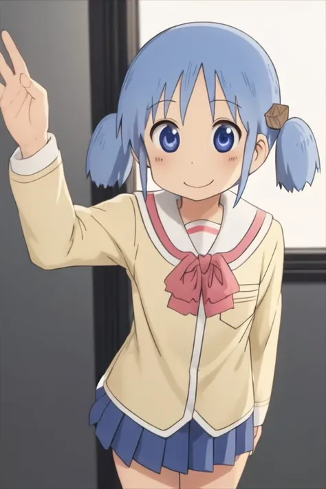 (ncjop:1.3), ncjstyle, solo focus, anime screencap, masterpiece, smile, cowboy shot, 1girl, solo, looking at viewer, simple background, white background, Lavender blush theme,
naganohara mio, blue hair, short twintails, cube hair ornament, blue eyes, tokisadame school uniform, serafuku, pleated skirt
,