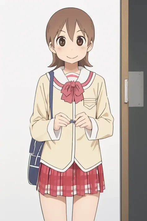 (ncjop:1.3), ncjstyle, solo focus, anime screencap, masterpiece, smile, cowboy shot, 1girl, solo, looking at viewer, simple background, white background, Advent Purple theme,
aioi yuuko, brown hair, short hair, brown eyes, tokisadame school uniform, serafuku, pleated skirt
,