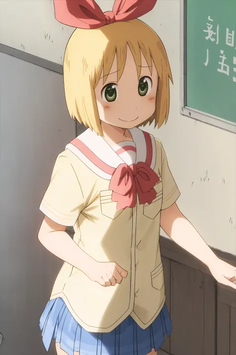 ncjstyle, annaka haruna, tokisadame school uniform, 1girl, blonde hair, smile, school uniform, solo, short hair, green eyes, ribbon, sweat, hair ribbon, closed mouth, pointing, serafuku, bow, hair bow