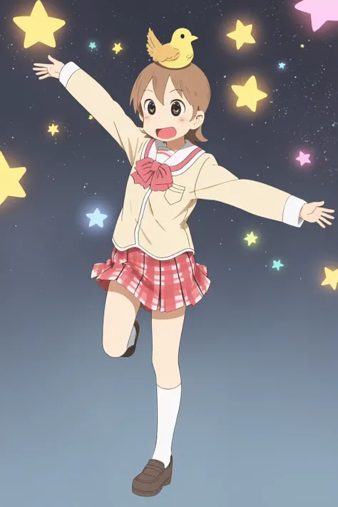 ncjzzz, aioi yuuko, 1girl, red bowtie, tokisadame school uniform, school uniform, star (symbol), solo, brown hair, short hair, skirt, animal on head, on head, bird, bird on head, outstretched arms, serafuku, open mouth, black eyes, smile, sky, star \(symbol\), balancing, cloud, star \(sky\), necktie, standing on one leg, standing, pleated skirt, socks, animal