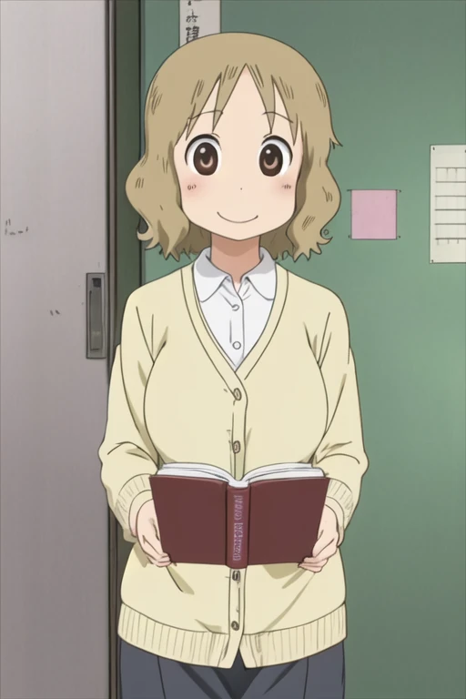 anime screencap, ncjstyle, solo, sakurai izumi, adult female, 1girl, large breasts, brown eyes, brown hair, cardigan, (flying sweatdrops:1.2), holding, holding notebook, looking at viewer, notebook, short hair, smile, solo, upper body, watch, wristwatch