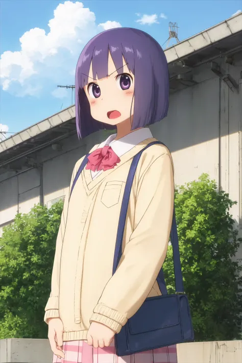 masterpiece, ncjstyle, solo, 1girl, white eyes, purple hair, bob cut, big hair, looking at viewer, sky, cloud, open mouth, day, outdoors, power lines, blush, bag, blue sky, sweater, school uniform, v-shaped eyebrows