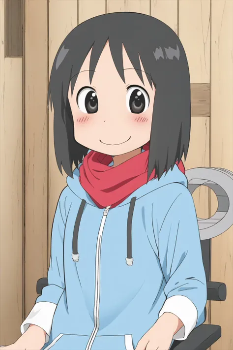 ncjstyle, shinonome nano, 1girl, black hair, solo, smile, short hair, black eyes, hoodie, hood, looking at viewer, blush, nnkey, scarf, chair, upper body, school uniform