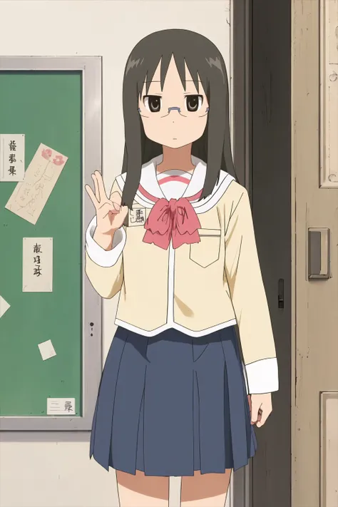 masterpiece, ncjstyle, looking at viewer, minakami mai, expressionless, school uniform, tokisadame school uniform, glasses, 1girl, black hair, long hair, black eyes, book, ball, poster (object), solo, telstar, serafuku, poster \(object\), door