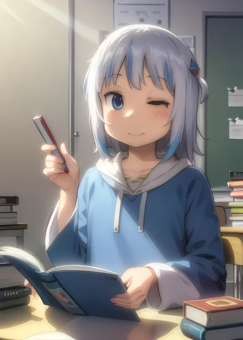 volumetric light, lensflare, dramatic shadow, perfect lighting, beautiful, detailed, masterpiece, cinematic, 4k, ultra detailed,
GAWR GURA, GURA, reading in a class room, alone, solo, (relaxed face), math book, (looking at the viewer:1.5), soft blue nails, (blush), smile, (detailed hands)

ncjstyle, Nichijou Style
<lora:nichijouStyleLora_v10:0.9> <lora:gawrguraflatisjustic_gawrgura:0.75>