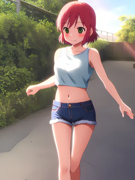 <lora:SakuraVRC:0.6>, SakuraVRC, masterpiece, 1girl, solo, blush, red hair, short hair, green eyes, closed mouth, smile, crop top, midriff, navel, denim shorts, pantyhose, lens flare, sunbeam, walking, outdoors, (ncjstyle:1.3), <lora:nichijouStyleLora_v10768px:0.7>
