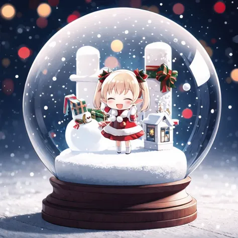 <lora:Xue Crystal ball V3-000008:0.8> crystal ball, shuijingqiu,
holding gift box, incoming gift,
(santa hat:1.1), santa costume,
(snowman, house, chimney, christmas tree:1.1),
1girl, solo, full body, smile, closed eyes, open mouth,
(chibi:1.4), elf, blonde hair, long hair, twintails, hair ribbon, black ribbon,