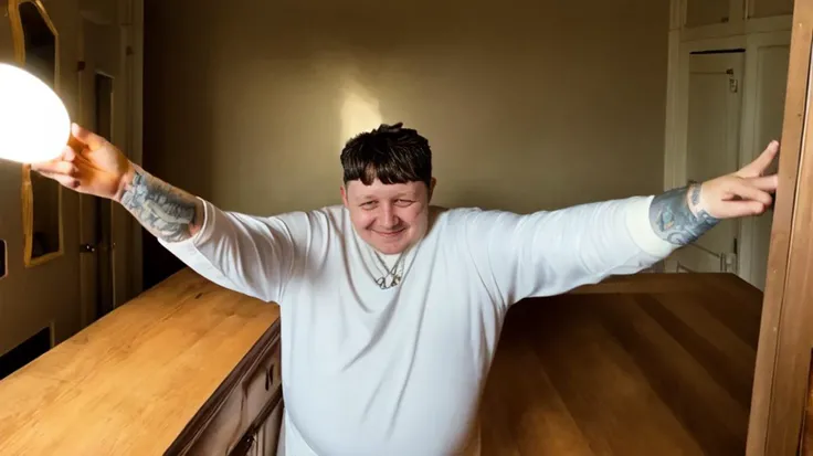 <lora:leb1ga_v1:1>, Leb1ga, selfie, man, smile face, fat face, perfect light, best quality, perfect proportions, fat man, crop haircut, opened eyes,