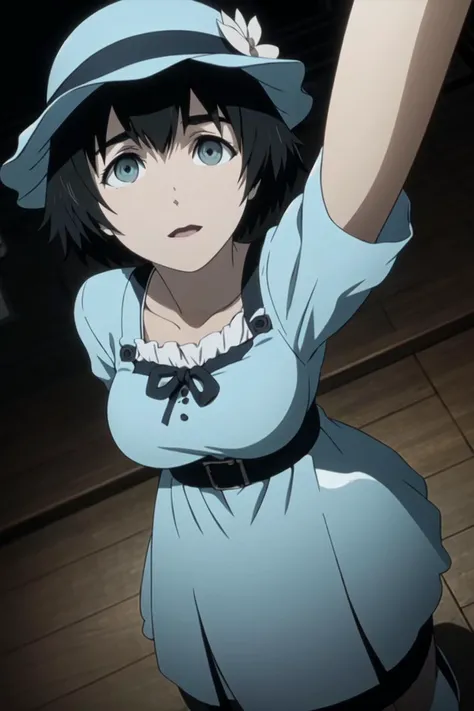 (masterpiece, best quality, ultra detailed), focus face, (overhead shot:1.2), fisheye lens, dutch angle, 1girl, solo, close up, looking sky, (raise arm:1.2), Mayurizero, black hair, hat, light blue dress, <lora:MayuriShiina002:0.7>, dark tone, hazy air, rain,