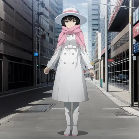 <lora:MayuriShiina002:0.7>,<lora:add_detail:1>,<lora:boldline:-0.8>,<lora:noline:0.3>,
Mayurizero,1girl,black hair,
hat,white headwear,
pink scarf,
long coat,
pantyhose,white boots,
full body,city,