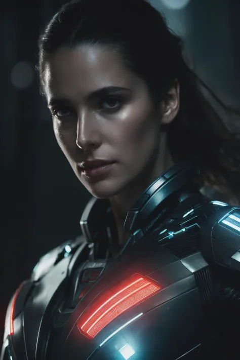 erd, ((best quality)), ((masterpiece)), (detailed), Midjourney Style, close-up, woman, robot, red eyes, concept art, inspired by Marek Okon, digital art, Crysis Nanosuit, futuristic, (glowing elements:1.1), 4:3 aspect ratio, dynamic duo, <lora:EleonoraRomandini-RealVision-V1.0:1>