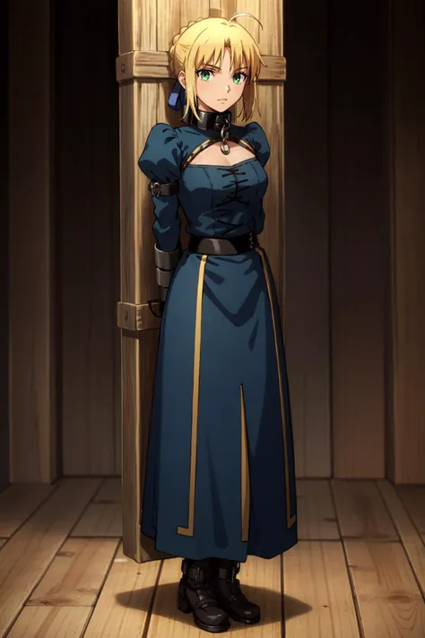 (masterpiece, best quality), intricate details,
1girl, <lora:saber_v1:0.8> phSaber,
<lora:BondagePoleV1:0.8> (standing by wooden pole:1.2), iron collar, arms behind back, iron cuffs, shackles, bound,