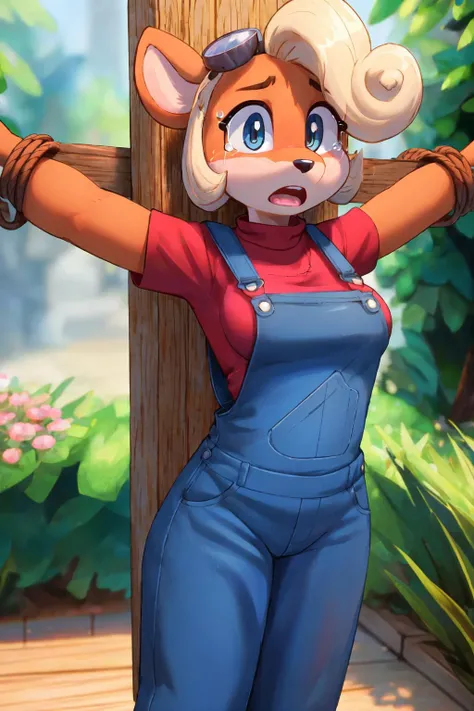 coco, overalls made of glasssculpture, red shirt, medium breast, standing, medium breast, AS-Adult,
(surprised, afraid:1.4), crying, (looking at viewer:1.3),
<lora:Coco-v1.1-NAI-LoRA:1>
<lora:BondagePoleV1:1> standing by wooden pole, (bound arms by wooden pole:1.2),
(masterpiece:1.2), (best quality:1.2), (intricate:1.2), (highly detailed:1.2), (sharp:1.2), (8k:1.2), (highres:1.2),
cinematic light, vivid colors