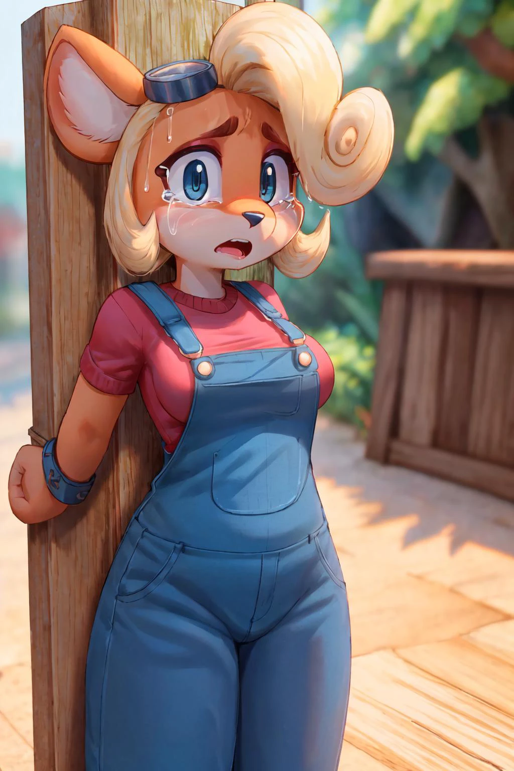 coco, overalls made of glasssculpture, red shirt, medium breast, standing, medium breast,
(surprised, afraid:1.4), crying, (looking at viewer:1.3),
<lora:Coco-v1.1-NAI-LoRA:1>
<lora:BondagePoleV1:1> standing by wooden pole, (bound arms by wooden pole:1.2),
(masterpiece:1.2), (best quality:1.2), (intricate:1.2), (highly detailed:1.2), (sharp:1.2), (8k:1.2), (highres:1.2),
cinematic light, vivid colors