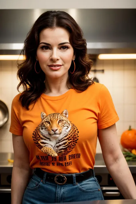 photo of (EPN1g3ll4L4ws0n:0.99), a beautiful woman, closeup portrait, perfect hair, (modern photo, orange Animal print t-shirt featuring exotic animal silhouettes in neon shades), 24mm, (analog, cinematic, film grain:1.3), smiling, serving food, (in a kitchen, gradient:1.2), detailed eyes, (seductive pose), (epicPhoto), (looking at viewer), earrings
