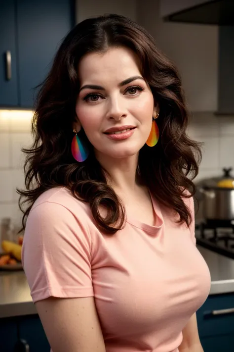 photo of (EPN1g3ll4L4ws0n:0.99), a beautiful woman, closeup portrait, perfect hair, (modern photo, black Retro-inspired t-shirt with a colorful and playful 80s or 90s design), 24mm, (analog, cinematic, film grain:1.3), smiling, serving food, (in a kitchen, gradient:1.2), detailed eyes, (seductive pose), (epicPhoto), (looking at viewer), earrings