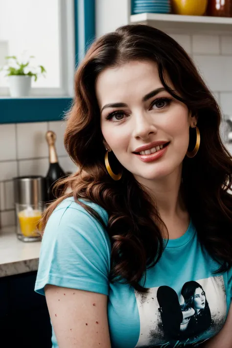 photo of (EPN1g3ll4L4ws0n:0.99), a beautiful woman, closeup portrait, perfect hair, (modern photo, sky blue Abstract paint splatter t-shirt with bright and energetic splashes of color), 24mm, (analog, cinematic, film grain:1.3), smiling, serving food, (in a kitchen, gradient:1.2), detailed eyes, (seductive pose), (epicPhoto), (looking at viewer), earrings