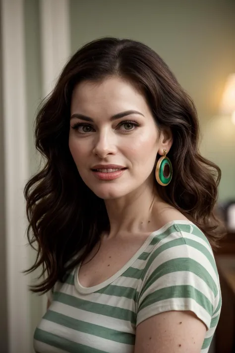 A close up of a woman with a green and white shirt - SeaArt AI