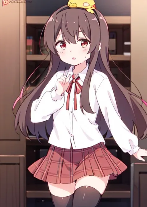 (masterpiece, best quality:1.2), extremely detailed, soft ambient lighting, sharp focus, 4K, BREAK <lora:Yuzu_Yukimoto:0.7>, yuzu yukimoto, hairband, animal on head, bird on head, white shirt, long sleeves, red ribbon, red plaid skirt, black thigh highs