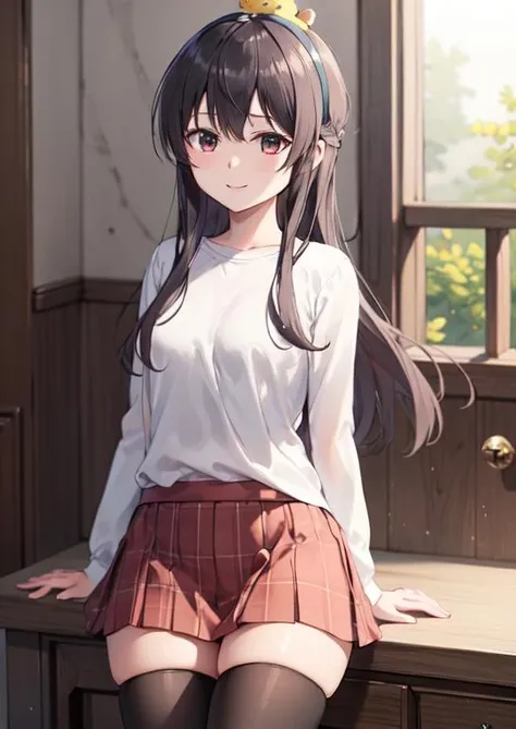 (masterpiece, best quality:1.2), extremely detailed, soft ambient lighting, sharp focus, 4K, BREAK <lora:Yuzu_Yukimoto:0.7>, yuzu yukimoto, hairband, animal on head, white shirt, long sleeves, red ribbon, red plaid skirt, black thigh highs, smile