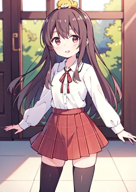 (masterpiece, best quality:1.2), extremely detailed, soft ambient lighting, sharp focus, 4K, BREAK <lora:Yuzu_Yukimoto:0.7>, yuzu yukimoto, hairband, animal on head, white shirt, long sleeves, red ribbon, red plaid skirt, black thigh highs, smile