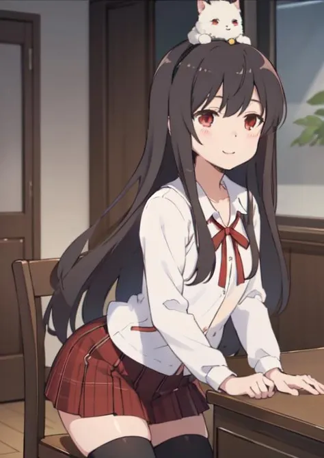 (masterpiece, best quality:1.2), extremely detailed, soft ambient lighting, sharp focus, 4K, BREAK <lora:Yuzu_Yukimoto:0.7>, yuzu yukimoto, long brown hair, red eyes, hairband, animal on head, white shirt, long sleeves, red ribbon, red plaid skirt, black thigh highs, smile
