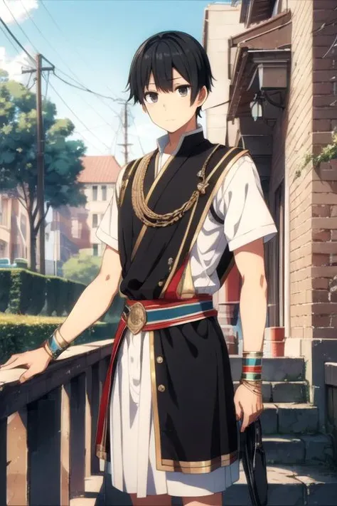 masterpiece, best quality, photorealistic, 1boy, solo, male focus, looking at viewer, , , , , <lora:amatsuyu_kisaragi:0.70>, amatsuyu_kisaragi, black hair, black eyes, egyptian costume, ,
