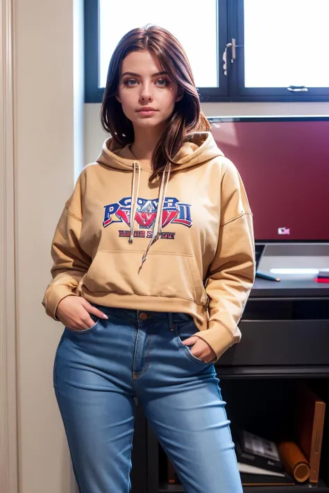 juliaaburch, a woman wearing a hoodie and jeans, portait, indoors <lora:juliaaburch:1>