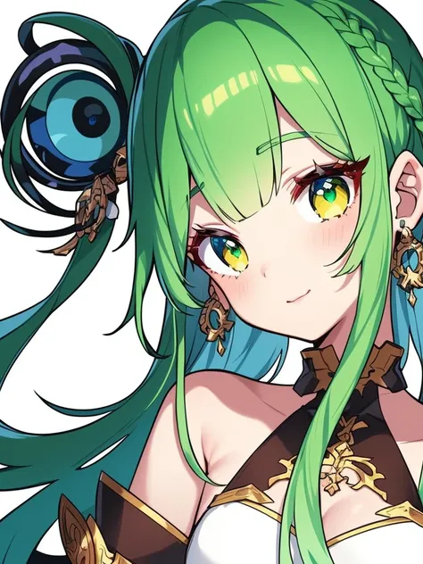 rolua, somunia, 1girl, bare shoulders, ((white background)), green eyes, red and blue hair, curtains, eyelashes, hair ornament, jewelry, long hair, looking at viewer, icon, portrait, (multicolored hair), upper body, virtual youtuber, ((masterpiece))