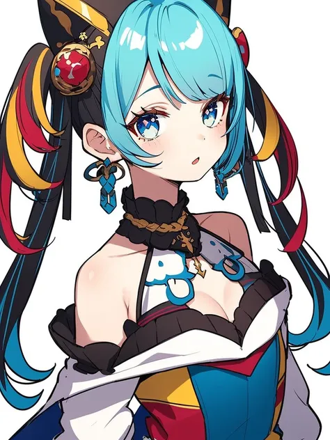 rolua, somunia, 1girl, bare shoulders, ((white background)), blue eyes, red and blue hair, curtains, eyelashes, hair ornament, jewelry, long hair, looking at viewer, icon, portrait, (multicolored hair), upper body, virtual youtuber, ((masterpiece))