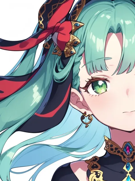 rolua, somunia, 1girl, (full body)), character design, ((white background)), green eyes, red and blue hair, curtains, eyelashes, hair ornament, jewelry, long hair, looking at viewer, icon, portrait, (multicolored hair), upper body, virtual youtuber, ((masterpiece))