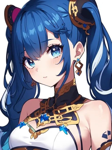 rolua, somunia, 1girl, bare shoulders, ((white background)), blue eyes, red and blue hair, curtains, eyelashes, hair ornament, jewelry, long hair, looking at viewer, icon, portrait, (multicolored hair), upper body, virtual youtuber, ((masterpiece))