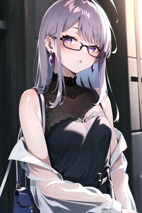 rolua, 

1girl, ahoge, bag, bangs, black-framed eyewear, black dress, blurry, blurry background, blush, breasts, depth of field, dress, ear piercing, earrings, eyebrows hidden by hair, glasses, grey hair, hand up, jewelry, long hair, long sleeves, looking at viewer, parted lips, piercing, purple eyes, see-through, see-through sleeves, shoulder bag, small breasts, solo, upper body, very long hair

, ((masterpiece))

<lora:rolua:0.6>