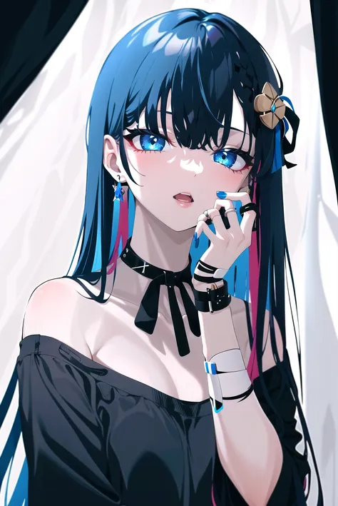 rolua, somunia, 1girl, bandages, bandaid, bandaid on hand, bandaid on neck, bangs, bare shoulders, black background, blue eyes, blue hair, curtains, eyelashes, hair ornament, hands up, jewelry, long hair, looking at viewer, multicolored hair, multiple rings, nail polish, open mouth, parted lips, ring, upper body, virtual youtuber, ((masterpiece))

<lora:rolua:0.6>