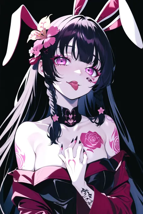 rolua, 

1girl, animal ears, bangs, black background, black hair, blunt bangs, braid, bunny ornament, bunny tattoo, chest tattoo, cigarette, collarbone, colored eyelashes, cross-laced clothes, facial tattoo, fake animal ears, flower, flower tattoo, full-body tattoo, hair flower, hair ornament, jewelry, ((limited palette)), long hair, long sleeves, looking at viewer, neck tattoo, off shoulder, rabbit ears, sidelocks, simple background, tattoo, tongue out, twin braids, underwear, very long hair

, ((masterpiece))

<lora:rolua:0.7>