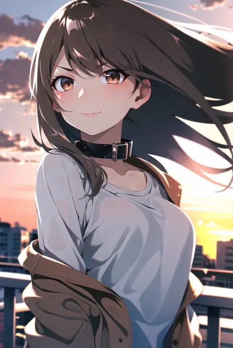 rolua, 

1girl, backlighting, black collar, blurry, blurry background, blurry foreground, breasts, brown eyes, chromatic aberration, city, cityscape, cloud, collar, dark, depth of field, evening, eyes visible through hair, fence, film grain, floating hair, glitch, hair strand, jacket, lens flare, light brown hair, light smile, looking at viewer, looking to the side, off shoulder, orange sky, outdoors, railing, rooftop, serious, shirt, sky, small breasts, solo, sunset, translucent hair, upper body, white shirt, wind

, ((masterpiece))

<lora:rolua:0.6>