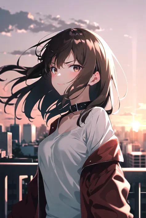 rolua, 

1girl, backlighting, black collar, blurry, blurry background, blurry foreground, breasts, brown eyes, chromatic aberration, city, cityscape, cloud, collar, dark, depth of field, evening, eyes visible through hair, fence, film grain, floating hair, glitch, hair strand, jacket, lens flare, light brown hair, light smile, looking at viewer, looking to the side, off shoulder, orange sky, outdoors, railing, rooftop, serious, shirt, sky, small breasts, solo, sunset, translucent hair, upper body, white shirt, wind

, ((masterpiece))

<lora:rolua:0.6>