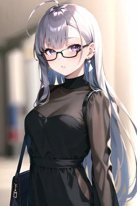 rolua, 

1girl, ahoge, bag, bangs, black-framed eyewear, black dress, blurry, blurry background, blush, breasts, depth of field, dress, ear piercing, earrings, eyebrows hidden by hair, glasses, grey hair, hand up, jewelry, long hair, long sleeves, looking at viewer, parted lips, piercing, purple eyes, see-through, see-through sleeves, shoulder bag, small breasts, solo, upper body, very long hair

, ((masterpiece))

<lora:rolua:0.6>