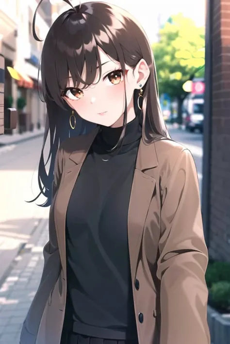 rolua,
1girl, ahoge, bangs, black skirt, black sweater, blue nails, blurry, blurry background, breasts, brown eyes, brown hair, brown jacket, closed mouth, dated, day, depth of field, earrings, eyelashes, hand up, head tilt, jacket, jewelry, long hair, long sleeves, looking at viewer, medium breasts, nail polish, open clothes, open jacket, outdoors, puckered lips, shirt tucked in, sidelocks, skirt, sleeves past wrists, solo, sweater, upper body, zipper
, ((masterpiece))
<lora:rolua:0.6>