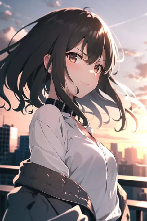 rolua,
1girl, backlighting, black collar, blurry, blurry background, blurry foreground, breasts, brown eyes, chromatic aberration, city, cityscape, cloud, collar, dark, depth of field, evening, eyes visible through hair, fence, film grain, floating hair, glitch, hair strand, jacket, lens flare, light brown hair, light smile, looking at viewer, looking to the side, off shoulder, orange sky, outdoors, railing, rooftop, serious, shirt, sky, small breasts, solo, sunset, translucent hair, upper body, white shirt, wind
, ((masterpiece))
<lora:rolua:0.6>