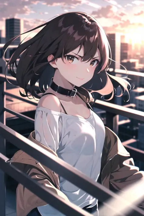 rolua,
1girl, backlighting, black collar, blurry, blurry background, blurry foreground, breasts, brown eyes, chromatic aberration, city, cityscape, cloud, collar, dark, depth of field, evening, eyes visible through hair, fence, film grain, floating hair, glitch, hair strand, jacket, lens flare, light brown hair, light smile, looking at viewer, looking to the side, off shoulder, orange sky, outdoors, railing, rooftop, serious, shirt, sky, small breasts, solo, sunset, translucent hair, upper body, white shirt, wind
, ((masterpiece))
<lora:rolua:0.6>