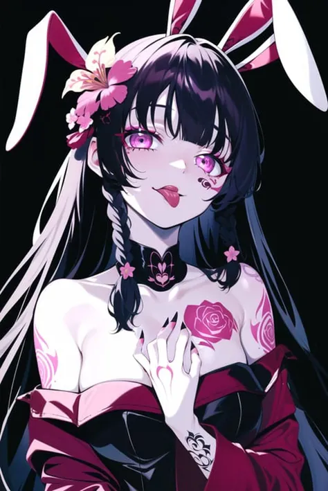 rolua,
1girl, animal ears, bangs, black background, black hair, blunt bangs, braid, bunny ornament, bunny tattoo, chest tattoo, cigarette, collarbone, colored eyelashes, cross-laced clothes, facial tattoo, fake animal ears, flower, flower tattoo, full-body tattoo, hair flower, hair ornament, jewelry, ((limited palette)), long hair, long sleeves, looking at viewer, neck tattoo, off shoulder, rabbit ears, sidelocks, simple background, tattoo, tongue out, twin braids, underwear, very long hair
, ((masterpiece))
<lora:rolua:0.7>