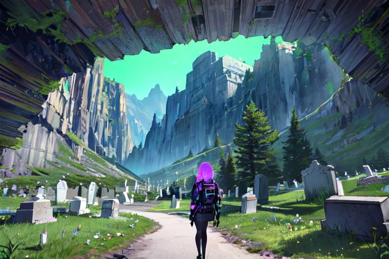 highly insanely detailed, masterpiece, top quality, best quality, highres, 4k, 8k, RAW photo, (very aesthetic, beautiful and aesthetic),
cemetery, graveyard, wasteland, cybernetic, cliff, cliff scenery, mountainside, cliff face,
(1girl:1.3),
neon green background,neon white background,neon purple background,(multicolored background),âââ