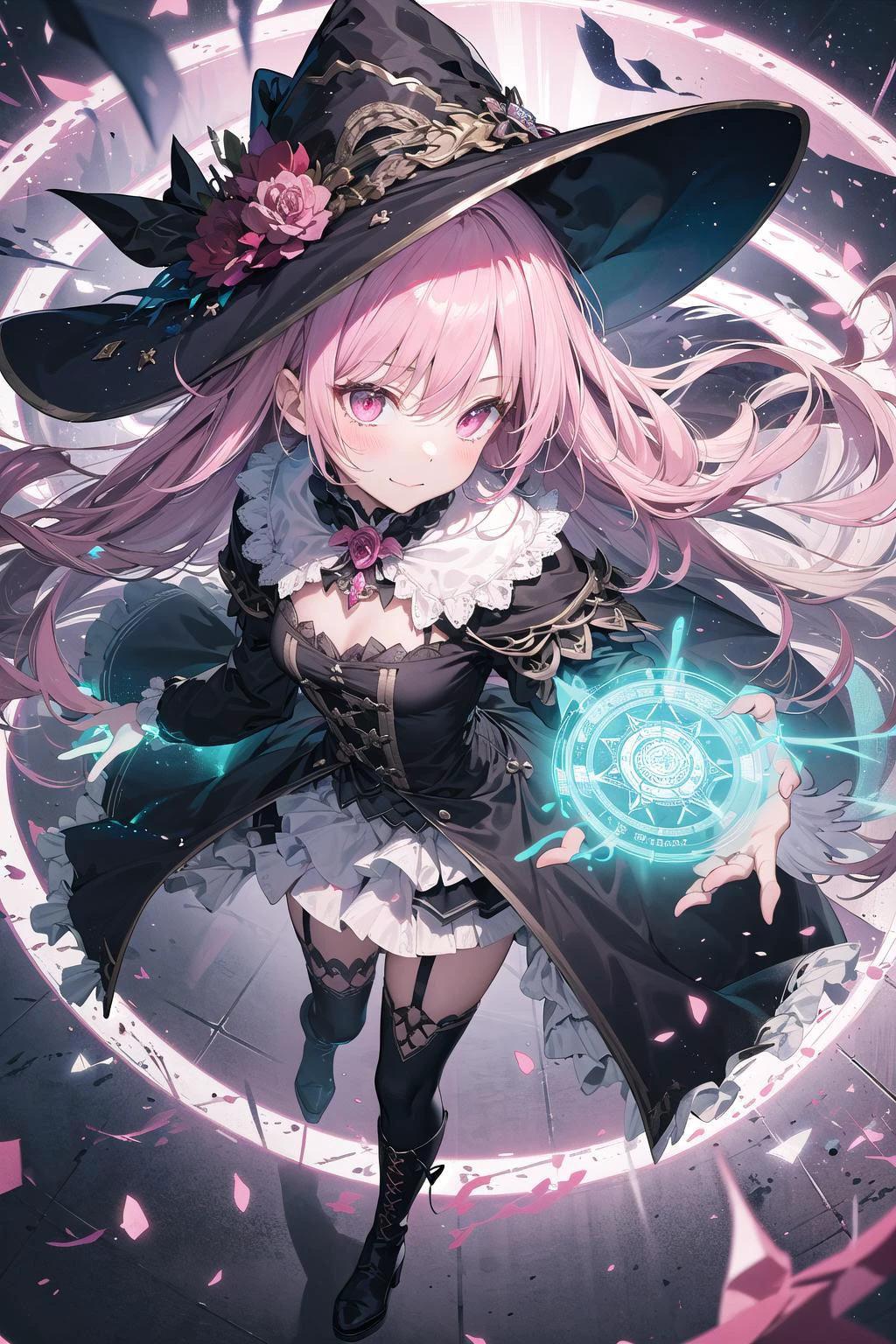 1girl, solo, stand up, Grimoire, aura outline, pink longhair, two side up, witch hat, witch dress, frilled skirt, petticoat, flat chest, thigh high, witch boots, soft smile, vivid, from above:0.8, forbidden sanctuary, magical circle, magical effects, glowing ethereal materials