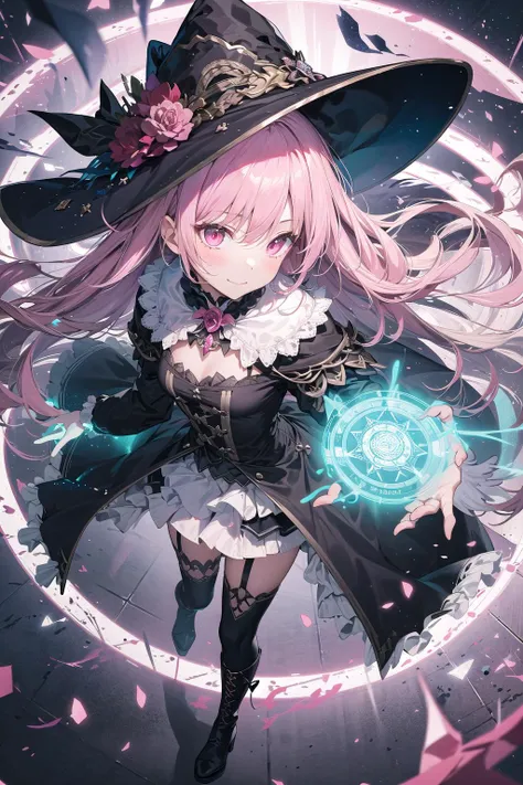 1girl, solo, stand up, Grimoire, aura outline, pink longhair, two side up, witch hat, witch dress, frilled skirt, petticoat, flat chest, thigh high, witch boots, soft smile, vivid, from above:0.8, forbidden sanctuary, magical circle, magical effects,  glowing  ethereal materials