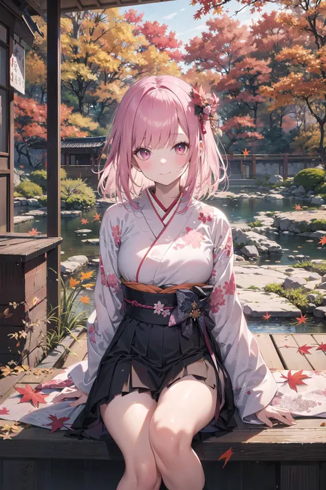 1girl, solo, sitting, Japanese frilled dress, Japanese traditional patterns, black longhair, pink mesh hair, ash pink eyes, soft smile, superb view, outdoor, looking at viewer, autumn leaves, Japanese garden, dof, autumn